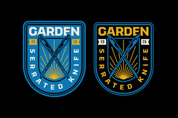 Garden serrated knives crossed retro badge logo design set for parks. Pruning knife vintage patch symbol graphic pack for gardener. Cutting blade tools rustic emblem element bundle for landscape