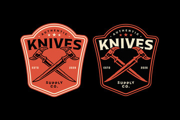 Pruning knives crossed retro badge logo design set for landscaping. Garden cutting blades vintage patch symbol graphic pack for park. Garden blade tools rustic emblem element bundle for gardener