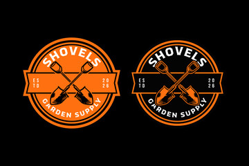 Digging shovel tools crossed retro badge logo design set for gardening. Garden shovels vintage patch symbol graphic pack for farming. Spade equipment rustic emblem element bundle for horticulture
