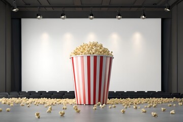 Striped popcorn bucket standing in front of a cinema screen with scattered popcorn on the floor. Concept of movie night, entertainment, cinema experience and leisure time.