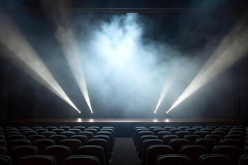 Empty cinema hall with dramatic stage lights and smoke effects illuminating the screen area. Concept of movie premiere, theatrical atmosphere, entertainment and anticipation.