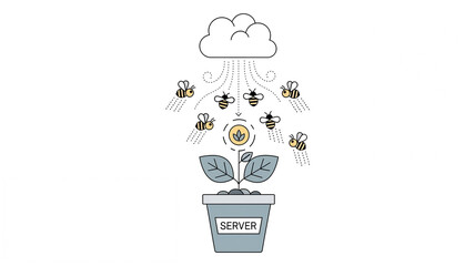 Cloud Server Network Concept with Bees Pollinating Digital Plant Representing Collaborative Data Ecosystem