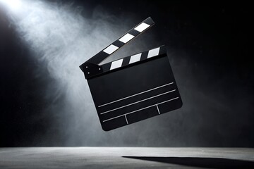 Floating film clapperboard illuminated by spotlight and smoke on a dark stage. Concept of filmmaking, cinema production, movie industry and creative process.