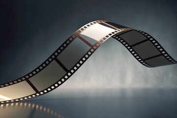 Curved film strip on a dark background symbolizing cinema, storytelling, editing, and visual media. Minimal cinematic concept with copy space and soft light accents.