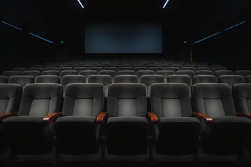 Empty modern cinema hall with rows of comfortable seats facing a blank screen. Dark atmosphere representing anticipation, entertainment, and cinematic experience.