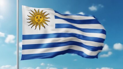 Uruguayan Flag Waving in the Wind Against Blue Sky: A Symbol of National Pride and Identity
