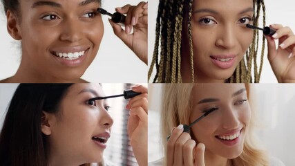 Women of different backgrounds engage in pampering activities at home, applying mascara and enhancing their beauty. Each enjoys personal time focusing on self care.