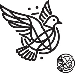 A flying dove of peace illustration featuring a black pigeon silhouette with open wings as a vector art symbol of freedom and love in nature