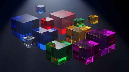 Abstract 3D Rendered Colorful Glass Cubes Floating on Dark Background