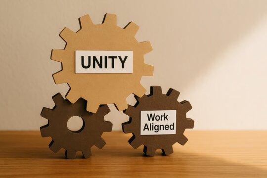 Collaboration in the Cogwheels: Three interconnected gear wheels symbolize Unity and Work Aligned, emphasizing cooperation and synchronization towards shared goals.