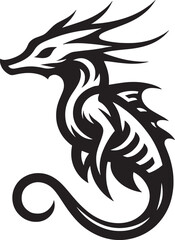 A black dragon tattoo design features a tribal animal silhouette vector illustration with fantasy swirls and an ornamental head for a symbolic China art logo