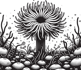 Seamless vintage floral pattern featuring an abstract black and white nature illustration with leaf sketches and blossom silhouettes for a retro spring branch wallpaper design art element