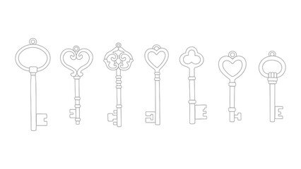A collection of seven antique skeleton keys are displayed in a line against a white background.