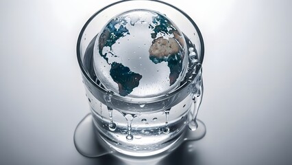 Melting Earth ice sphere in a glass of water symbolizing global warming and climate crisis