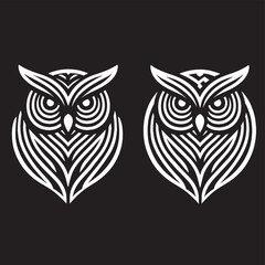 Vintage black and white owl tattoo illustration featuring tribal wings and floral pattern elements in a symmetrical heart shape design for a nature-inspired silhouette art ornament