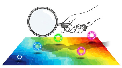 Obraz premium Data Analysis and Research Concept with Hand Holding Magnifying Glass Over Colorful Heat Map Grid