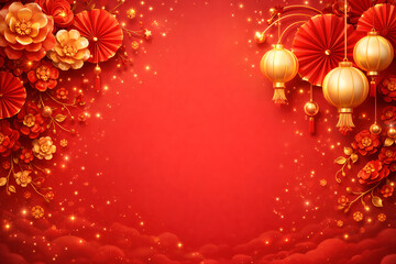 Vibrant Chinese New Year background with red flowers and lanterns