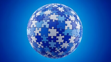 Blue Jigsaw Puzzle Sphere 3D Illustration Representing Global Business, Teamwork, and Solutions