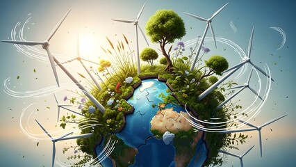 Eco-friendly planet Earth with wind turbines and lush vegetation representing renewable energy and environmental sustainability