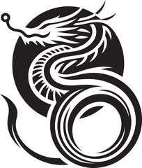 Black tribal tattoo design of a snake and dragon silhouette vector illustration featuring animal ornament and floral pattern elements in a vintage fantasy art style