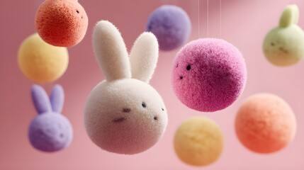 Surreal Easter Concept with Floating Colorful Furry Pom Poms and Cute Bunny Shapes