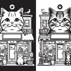 Set of cute cartoon cat and mouse illustrations featuring funny black feline silhouettes and kitty head vector drawings for pet animal design art