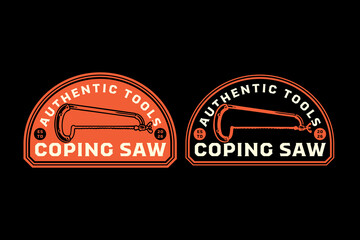 Coping saw retro badge logo design set for handcrafts. Woodworking saw vintage patch symbol graphic pack for lumber jack. Fine cutting saw rustic emblem element bundle for workshop