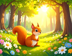Adorable cartoon squirrel stands in a vibrant, sunlit forest clearing filled with wildflowers and tall trees