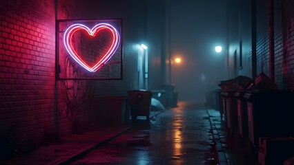 Glowing Neon Heart Sign on Brick Wall in Dark Wet Urban Alleyway at Night with Cinematic Lighting