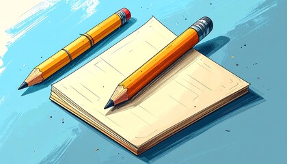 A blue surface holds a notepad with lined pages and two yellow pencils with red erasers, a common office or school setup