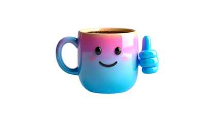Whimsical coffee mug smiling and giving a thumbs up on a black background