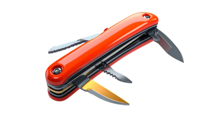 Rendered, multi-tool knife with red handle and various deployable tools