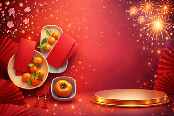 Vibrant Chinese New Year celebration with red envelopes and fruits
