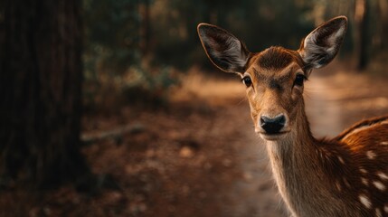 Encounter with a gentle sika deer amidst the shadowed forest depths