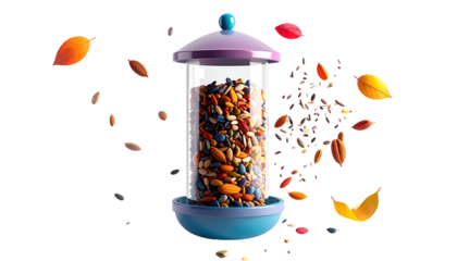 A vibrant bird feeder overflows with seeds, surrounded by autumn leaves
