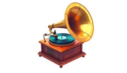 A golden-horned antique record player, rendered in vibrant, stylized detail