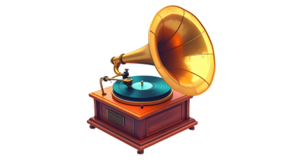 A golden-horned antique record player, rendered in vibrant, stylized detail
