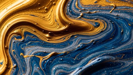Abstract luxury blue and gold liquid marble background texture with metallic glitter swirls