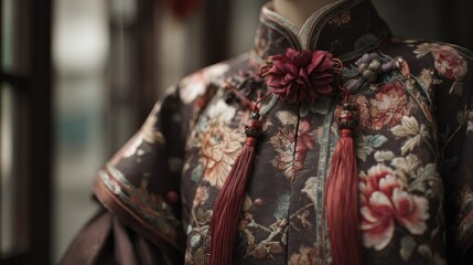 Naklejka premium Exquisite floral cheongsam with tassel accents in a traditional style