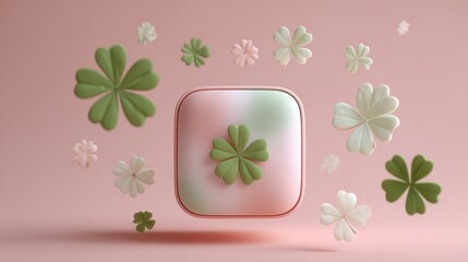 3D clay gift box with ribbon in center, pastel pink and mint colors, soft rounded matte surface, four leaf clovers falling around, minimalist clean background, lucky romantic gift concept
