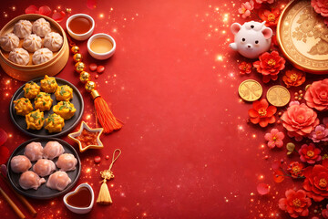 Chinese New Year celebration with traditional dim sum and decorations