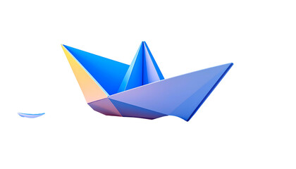 A vibrant, geometric paper boat floats against a stark, black background