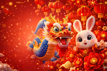 Vibrant dragon and rabbit in Chinese New Year celebration
