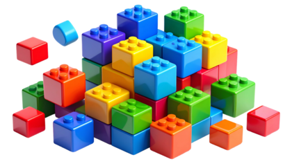 Colorful building blocks of various shapes and sizes stacked up