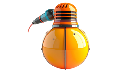 Futuristic orange mic, glowing and spherical, with a detachable cable
