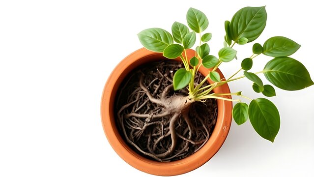 constriction. A root-bound plant in a terracotta pot, roots circling inside, top-down view. gardening catalogs, home-decor guides, designed for gardening and botanical catalogs.