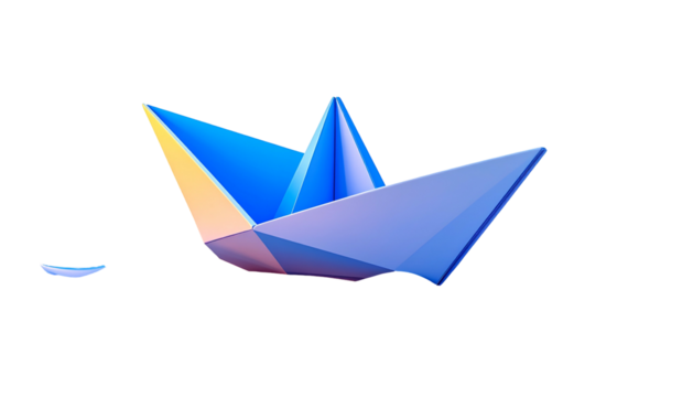 A vibrant, geometric paper boat floats against a stark, black background - Powered by Adobe