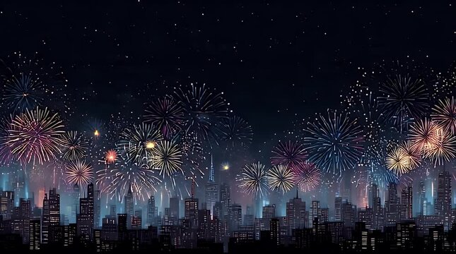 Minimal City Horizon with Festive Firework Borders
