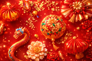 Vibrant Chinese New Year celebration with dragon and flowers