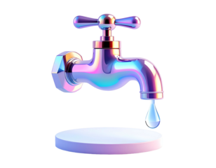 Chrome faucet with water droplet falling onto a light-reflecting base